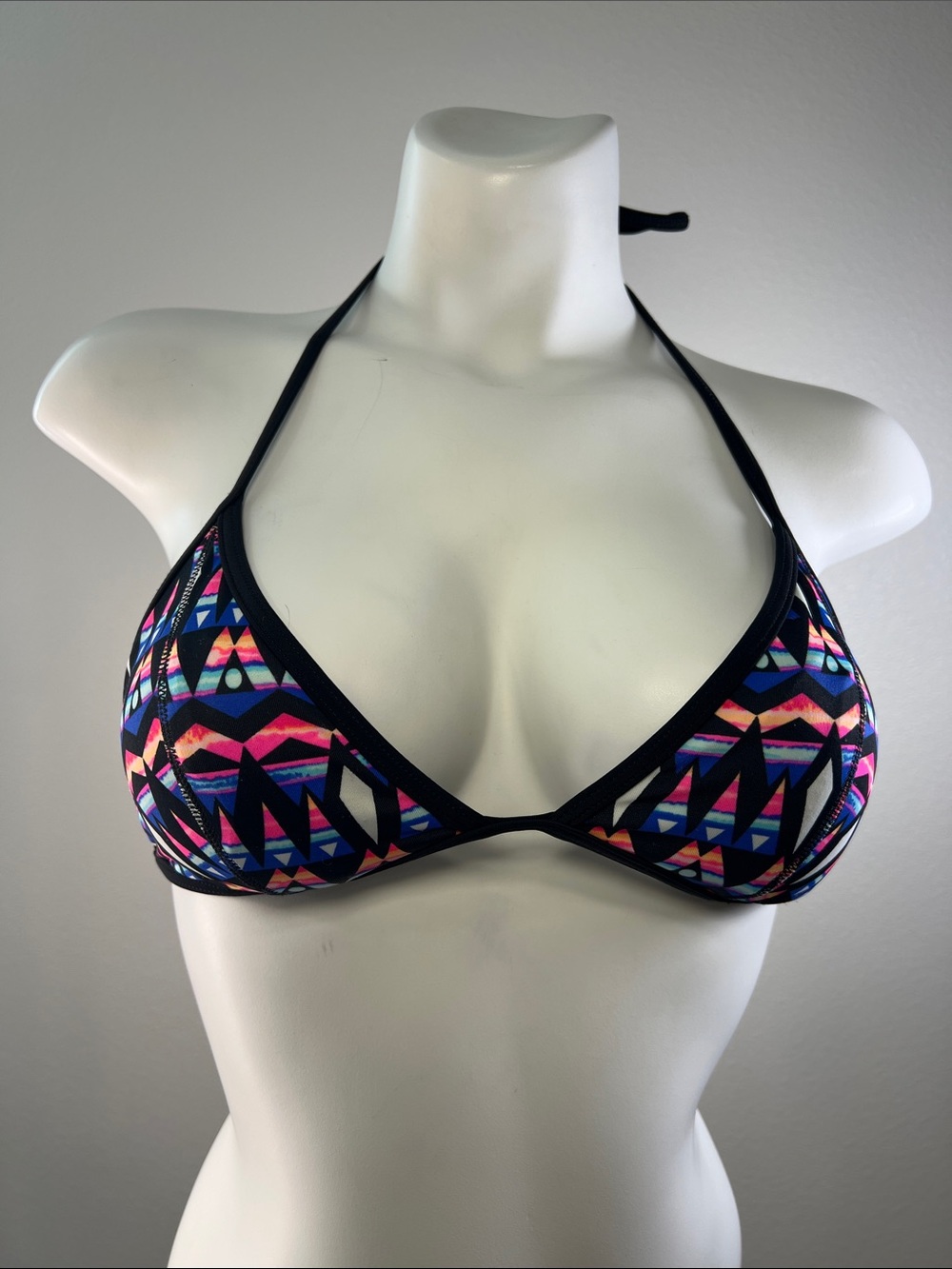 PINK Victoria's Secret Black Triangle Bikini Top with Neon Aztec Print MEDIUM